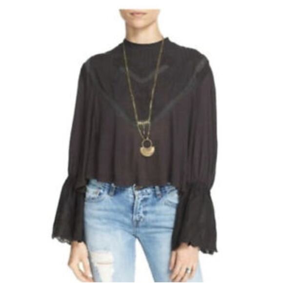 Free People XSmall Dark Gray Femme Fatale Bell Sleeve Top Embroidered Open Back - Picture 11 of 13